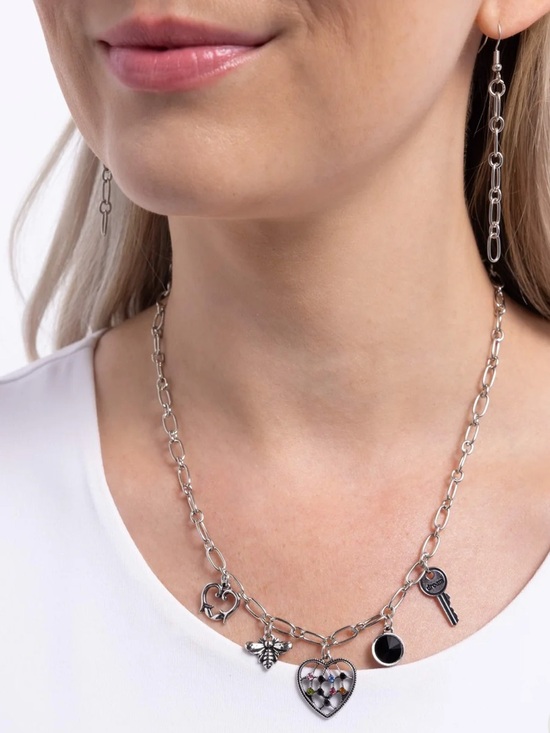 paparazzi Jewelry - Paparazzi Reminiscent Reveal Silver Heart Key Bee‎ Charm Necklace Earrings Set